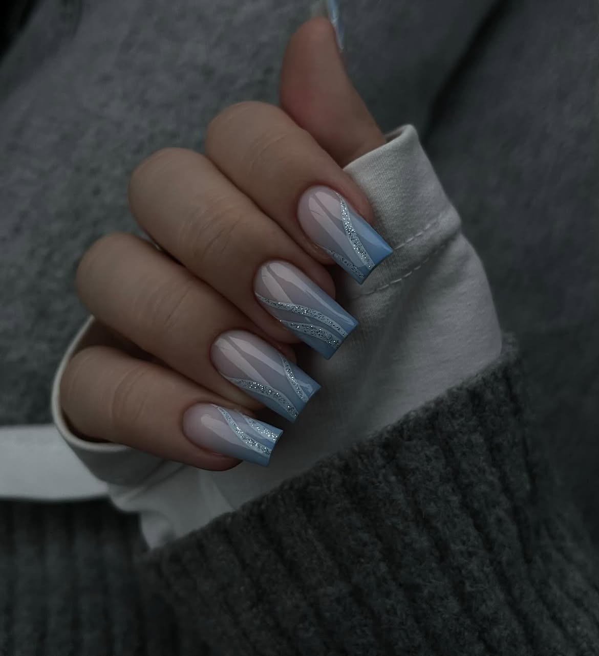 Light Blue Ombre French Tip Coffin Nails
