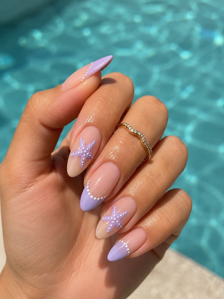 Lilac French Tips With Starfish Nail Art