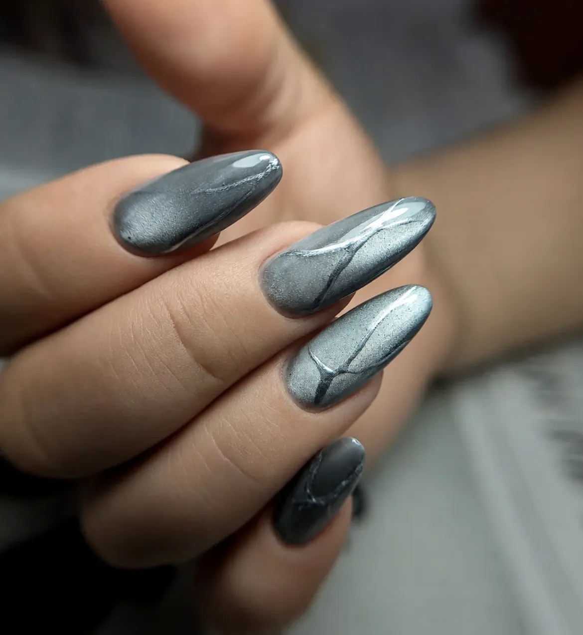 Marble Cat Eye Almond Nails with Silver Veins