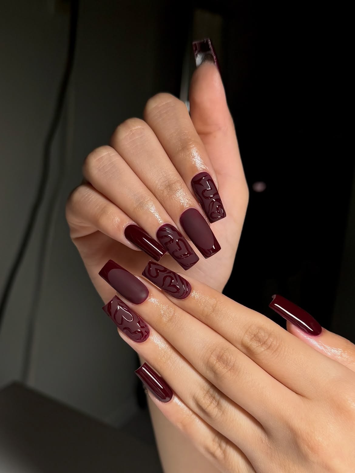 Matte and Glossy Burgundy Heart Accent Nails