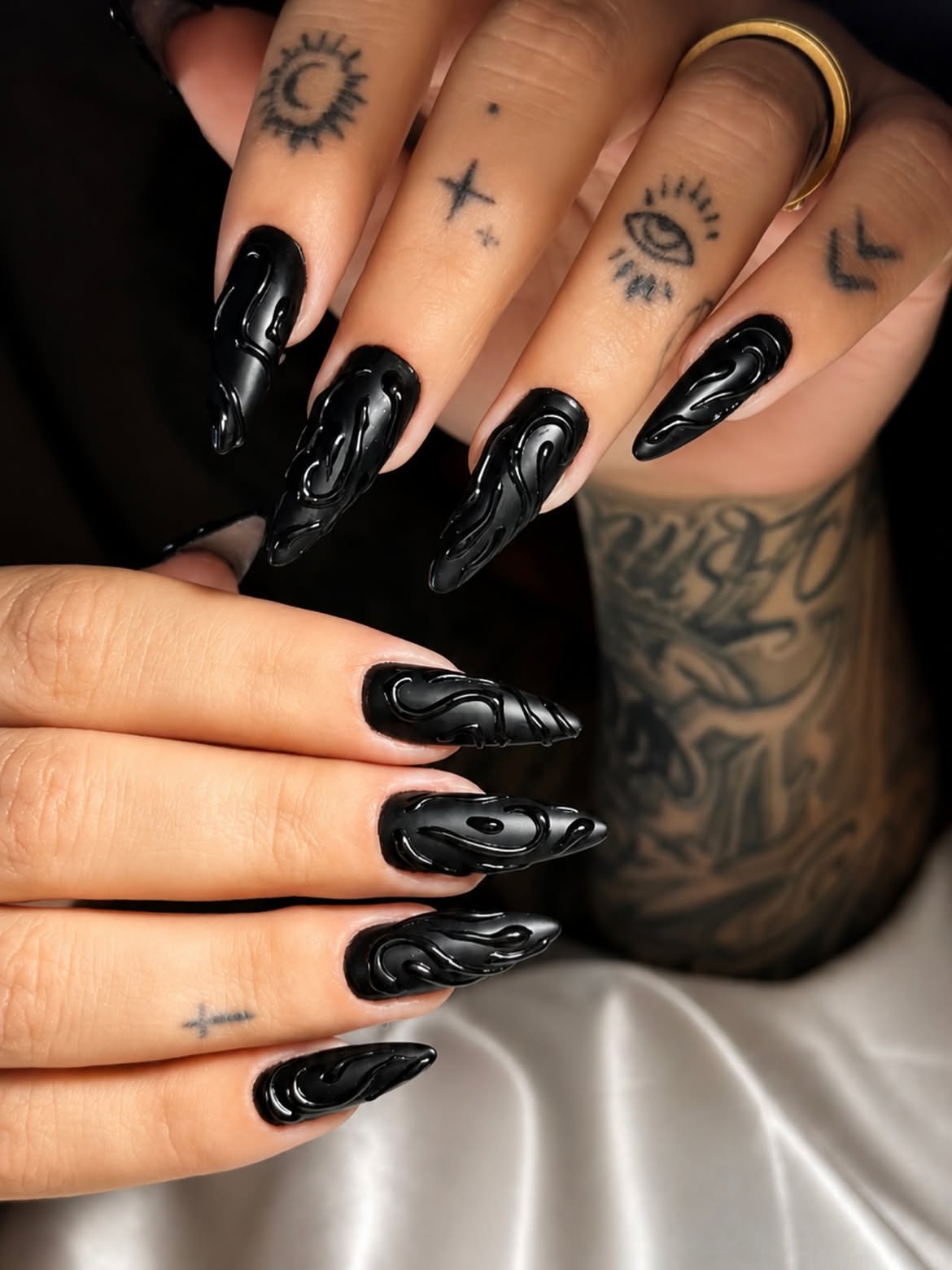 Matte Black 3D Flame Accent Stiletto Nails