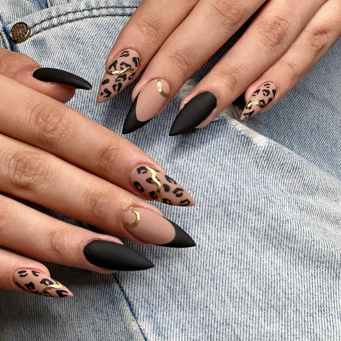 Matte Black Leopard Print Stiletto Nails