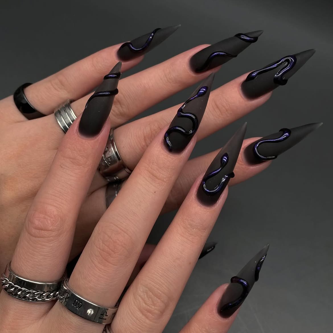 Matte Black Stiletto Snakeskin Drip Nails