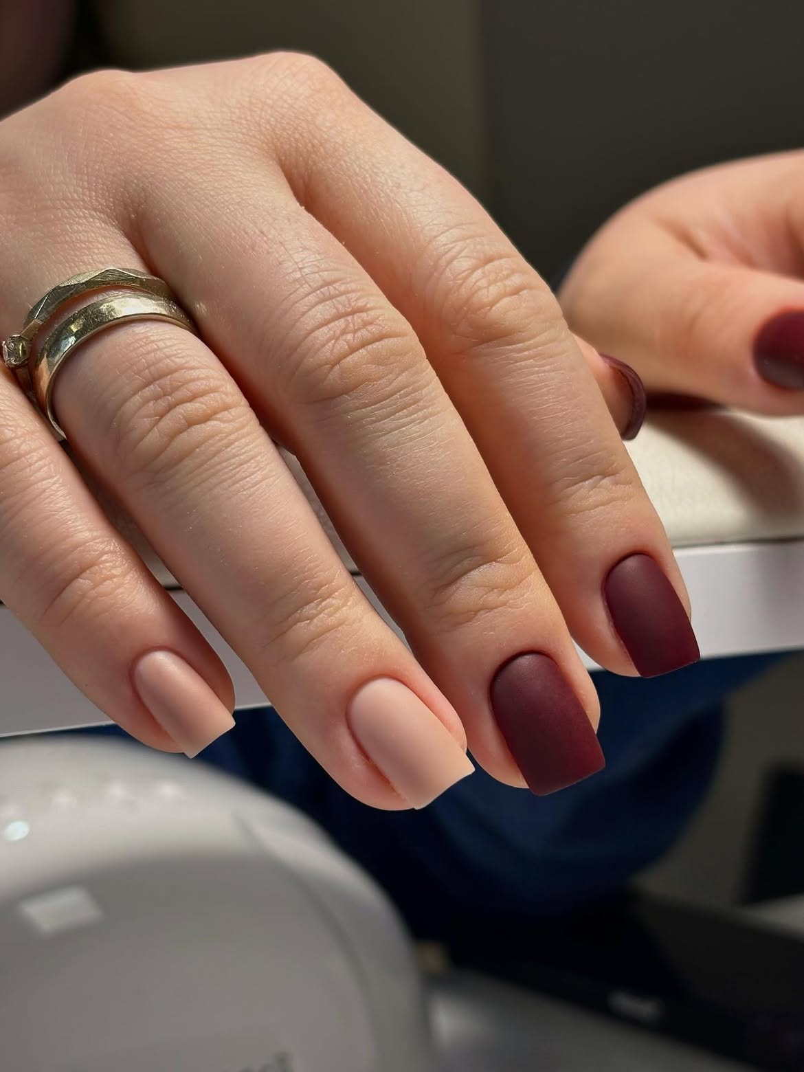 Matte Burgundy and Beige Mismatched Square Nails