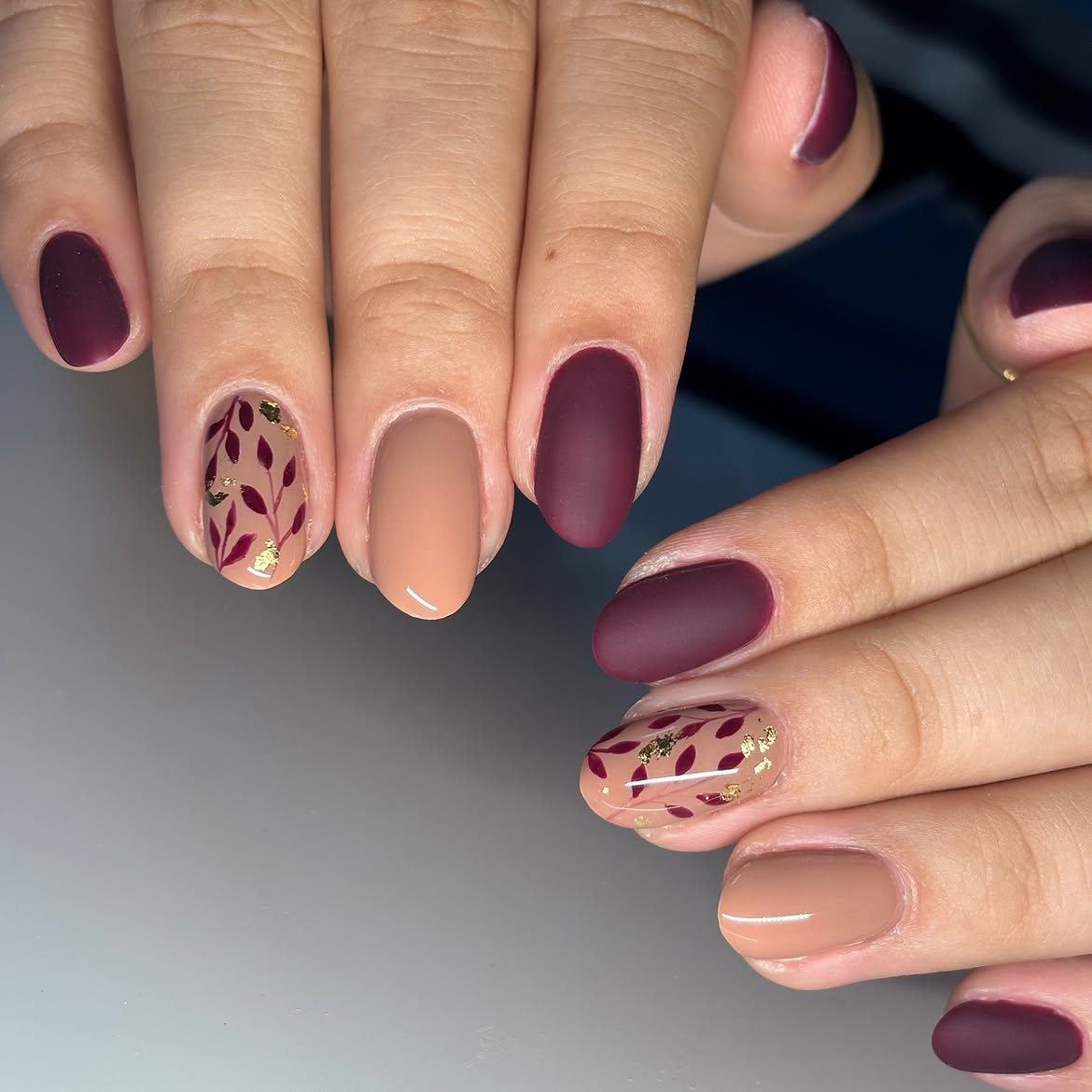 Matte Burgundy and Nude Fall Leaf Nails