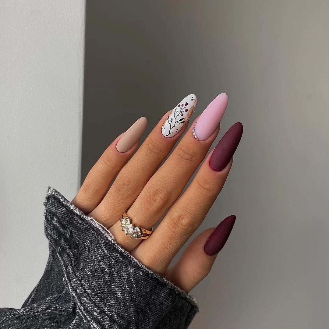 Matte Burgundy & Pink Floral Almond Nails