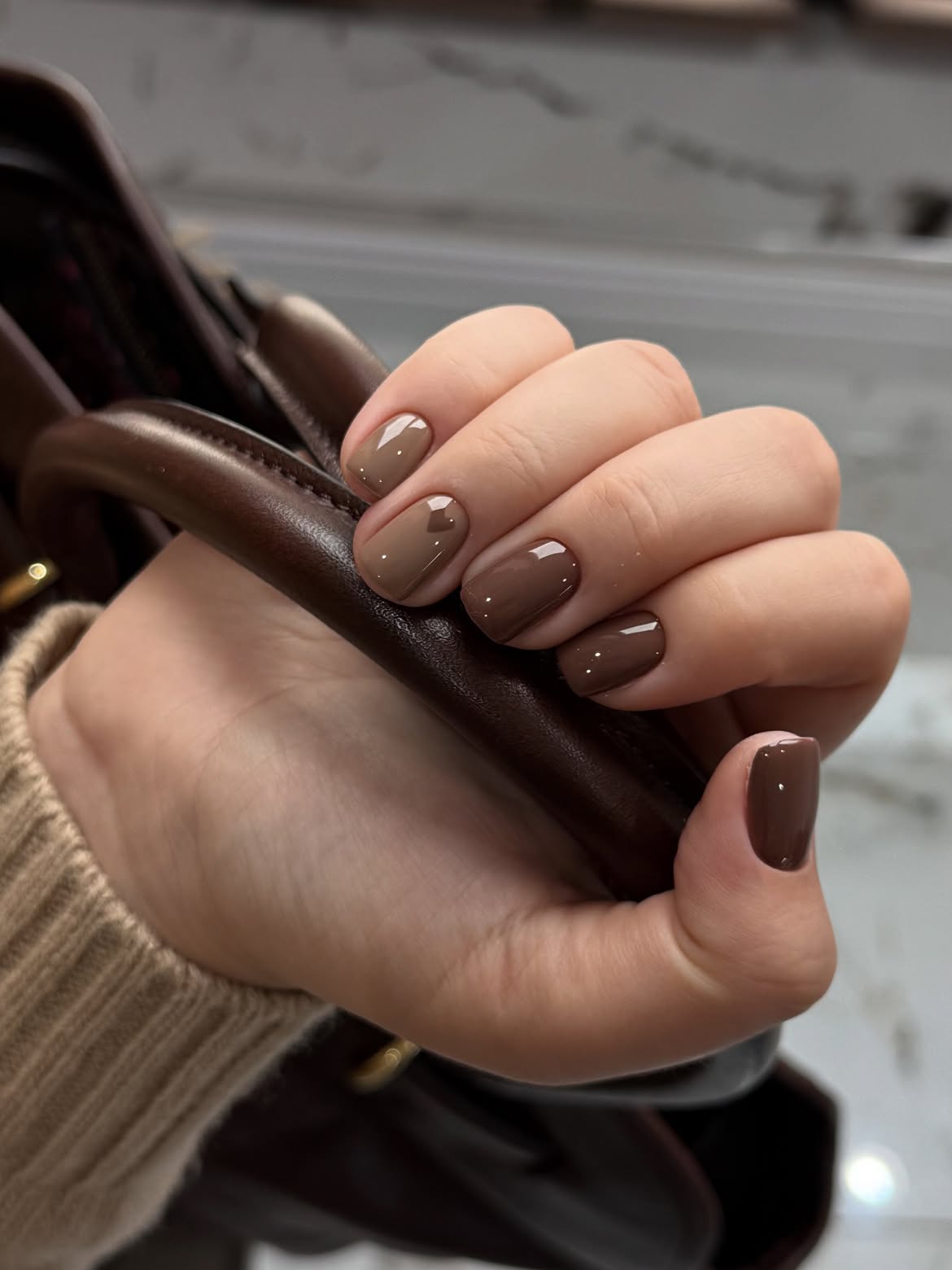 Matte Chocolate Brown Nails with Tiny White Dots