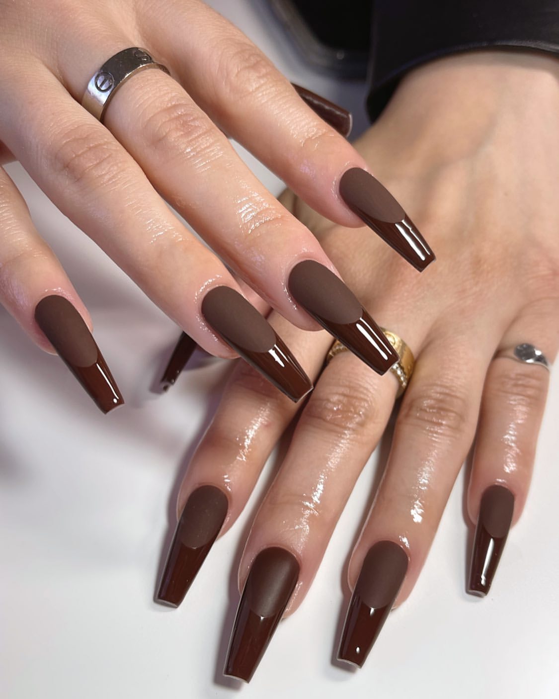Matte Chocolate French Tip Coffin Nails