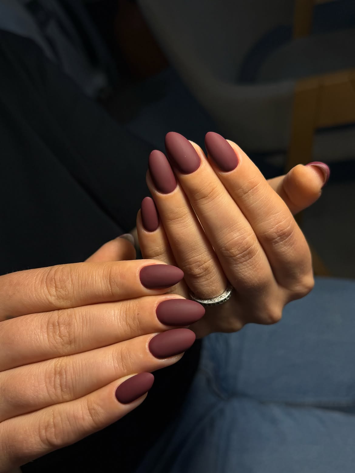 Matte Deep Plum Almond Nails