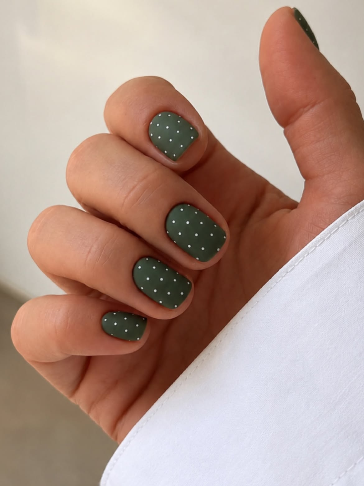 Matte Forest Green White Polka Dot Nails