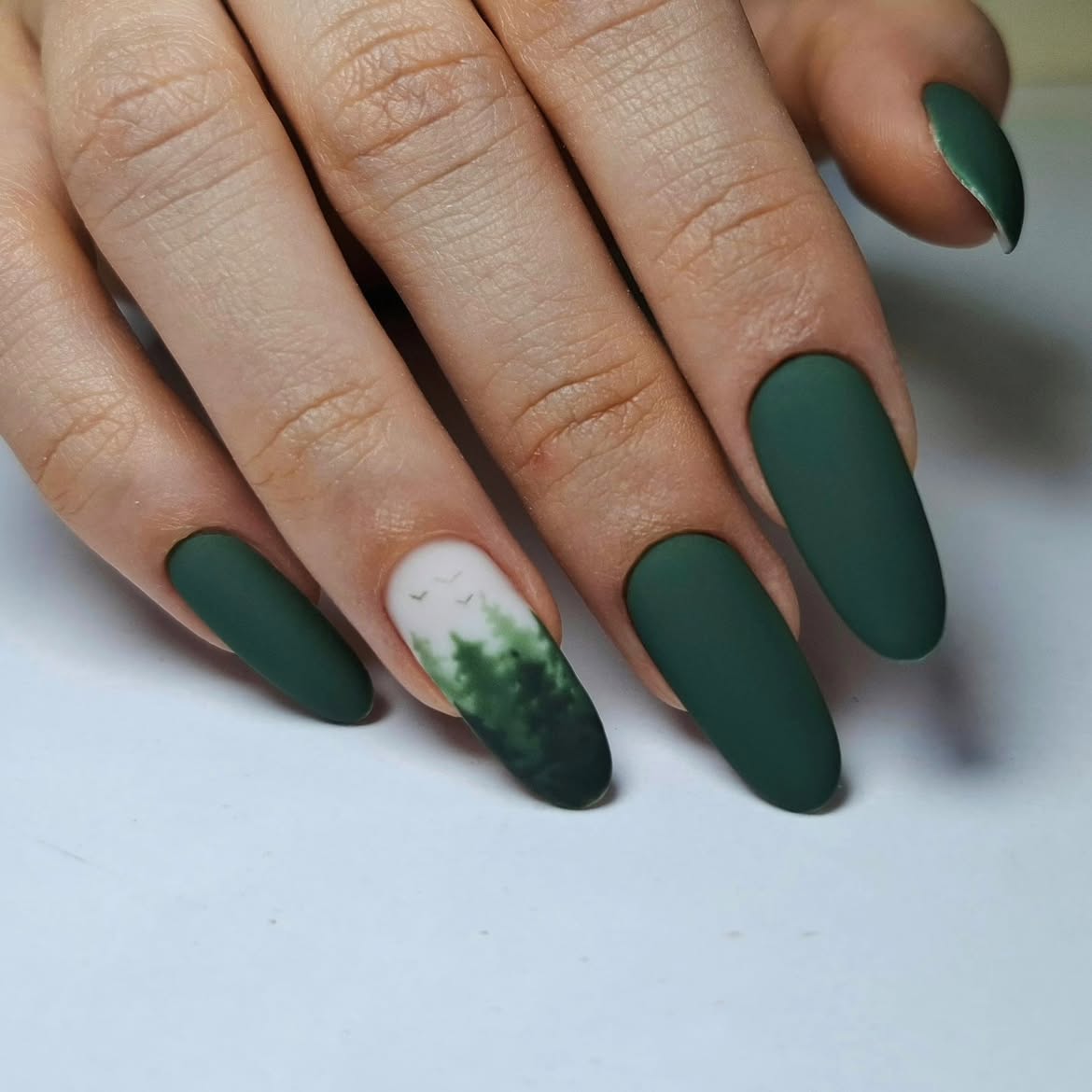 Matte Forest Landscape And Birds Coffin Nails