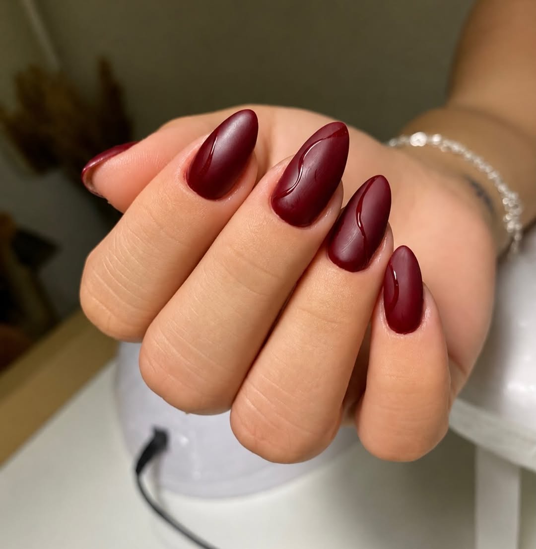 Matte & Glossy Deep Burgundy Almond Nails