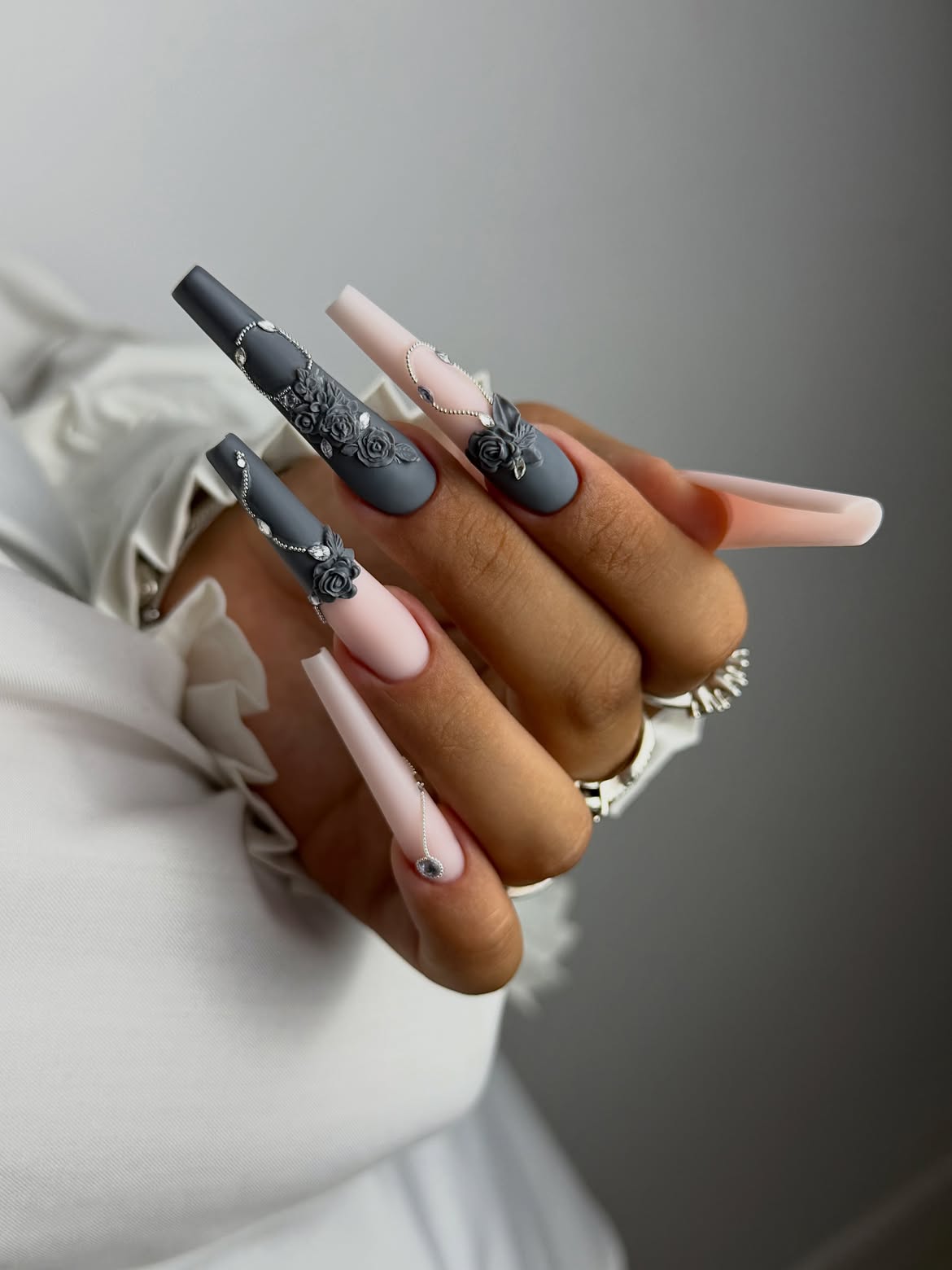 Matte Grey and Pink Floral Embellished Coffin Nails