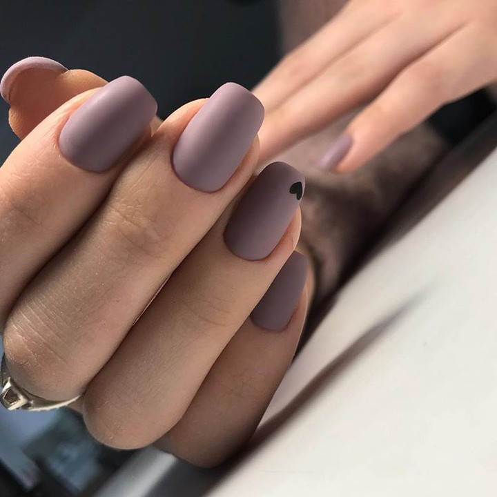 Matte Mauve Square Nails with Black Heart Accent