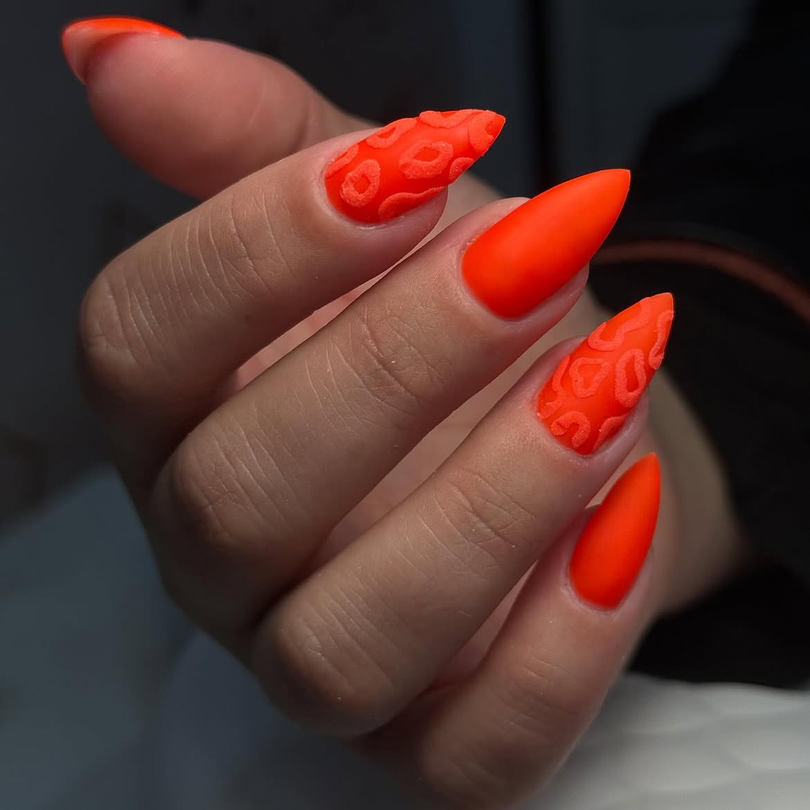 Matte Neon Orange Leopard Accent Stiletto Nails