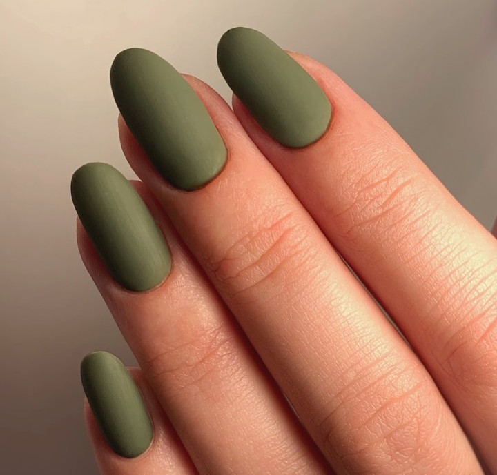 Matte Olive Green Almond Nails