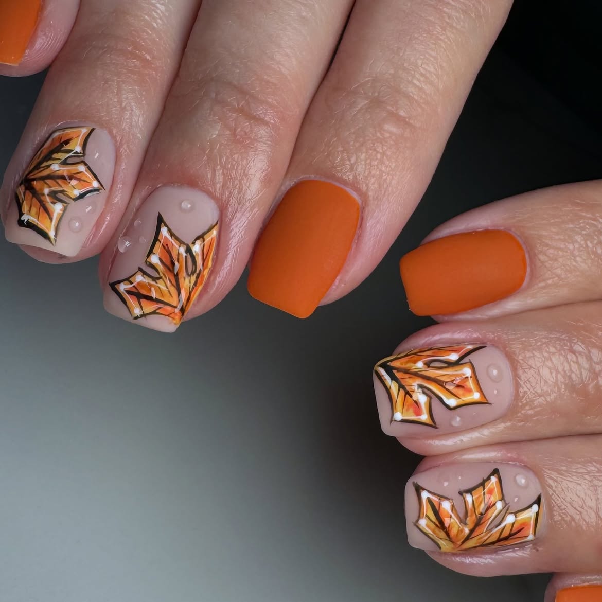 Matte Orange Pumpkin French Fall Leaves Nails