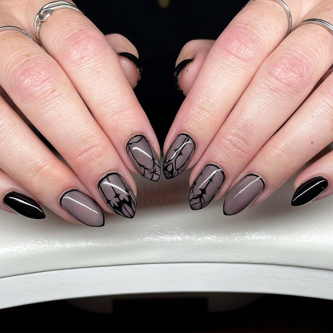 Matte Taupe and Black Goth Almond Nails