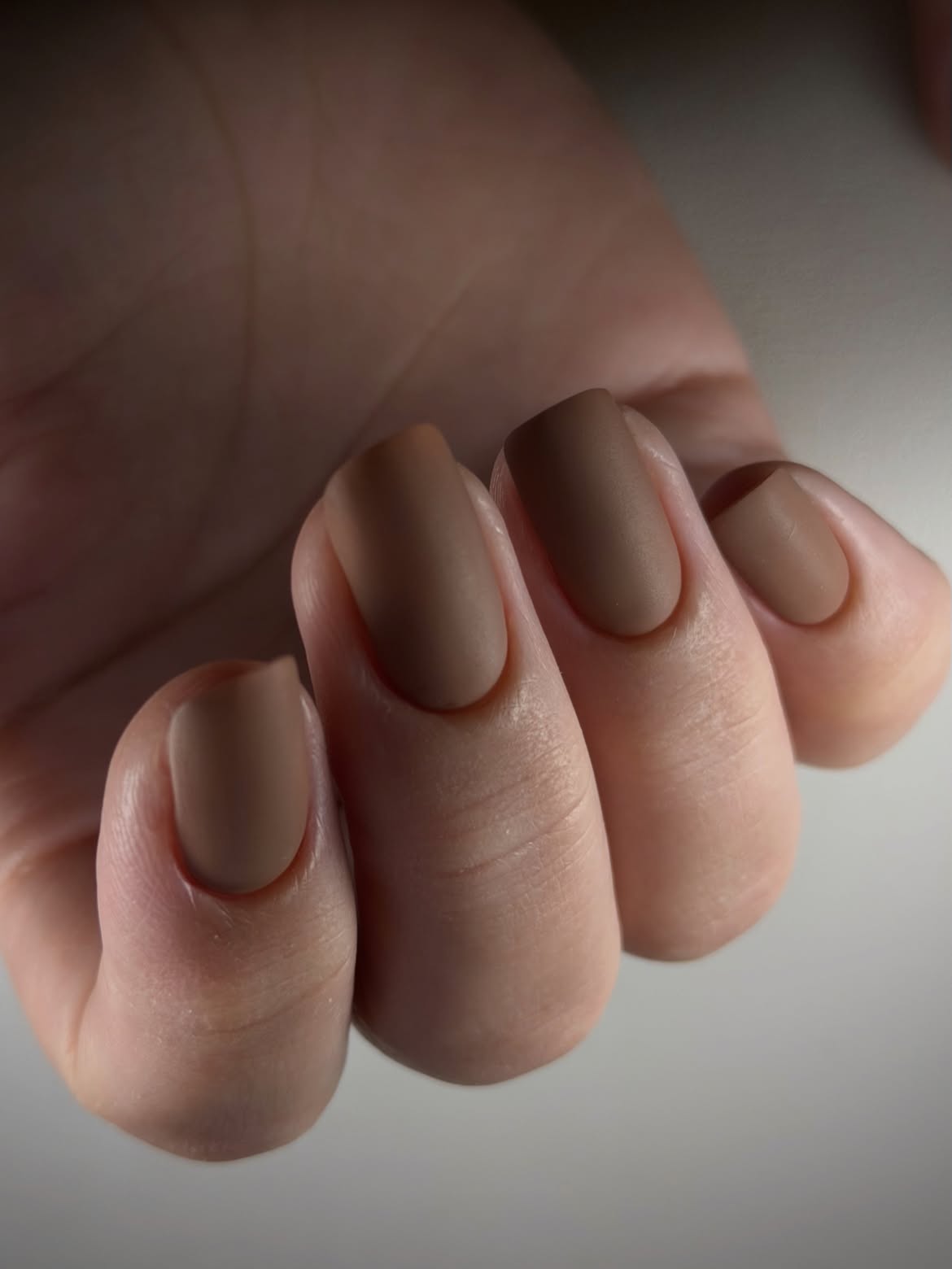 Matte Taupe Short Almond Nails
