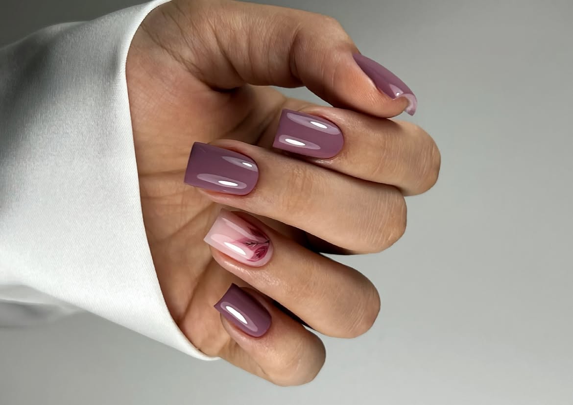 Mauve Overlay with Feathered Nail Art Accent