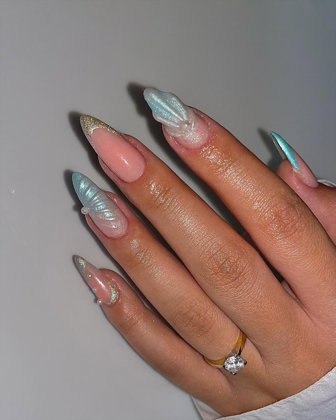 Mermaid Shell French Tip Almond Nails