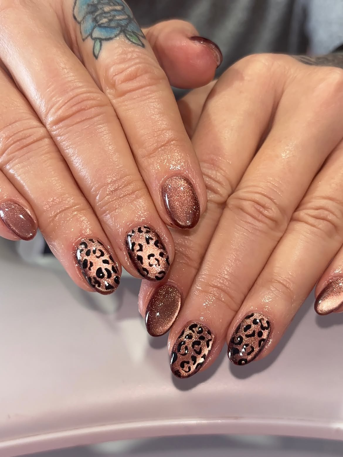 Metallic Bronze Leopard Print Oval Nails