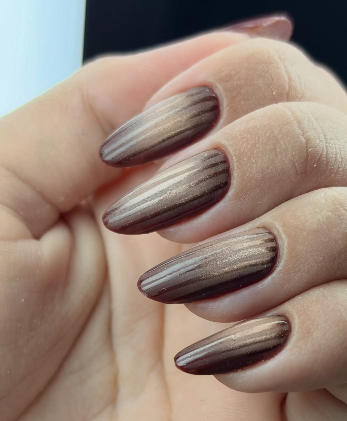 Metallic Brown Striped Almond Cat Eye Nails