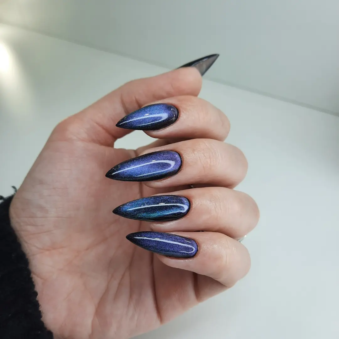 Metallic Cat Eye Stiletto Nails With Dark Outline