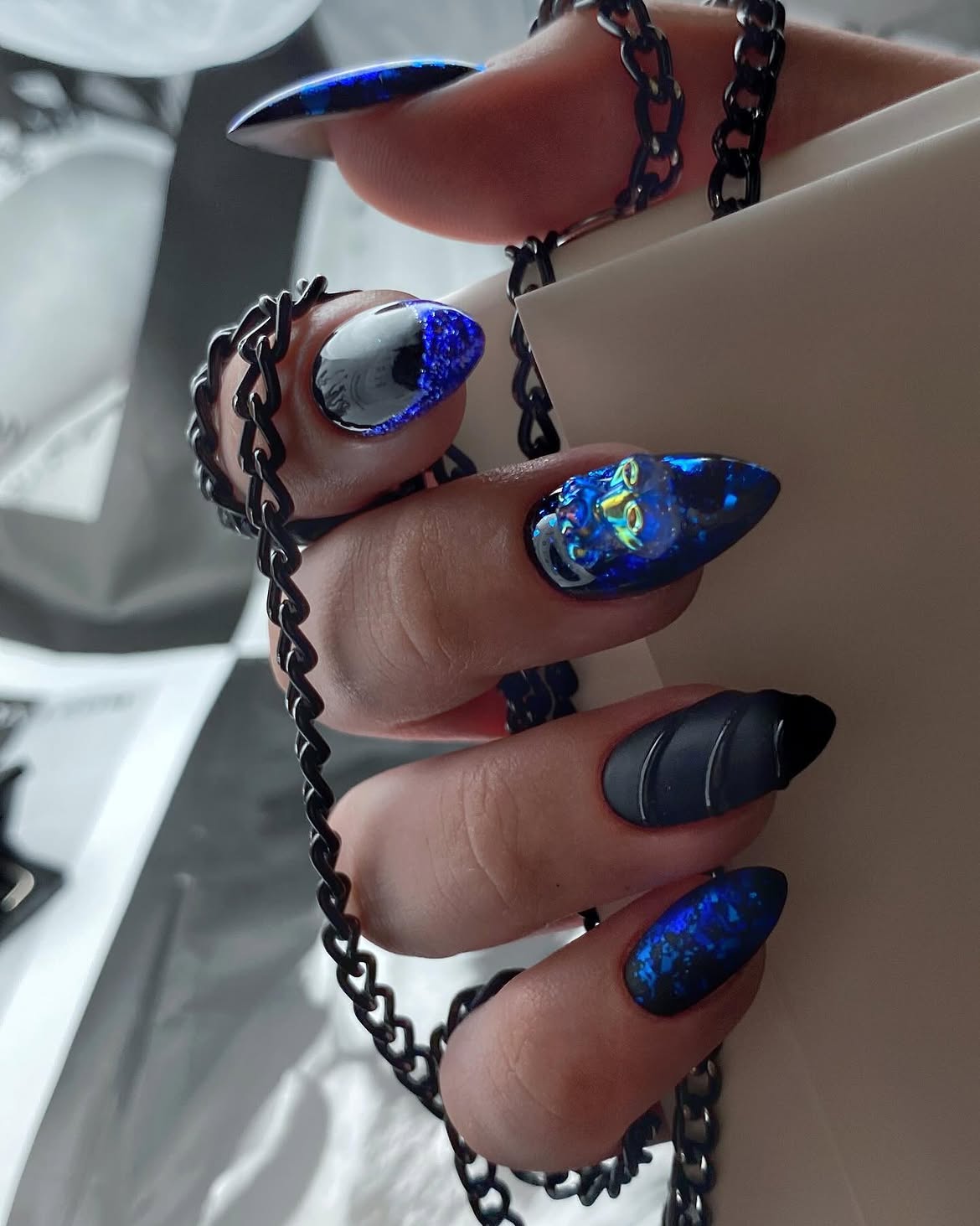 Midnight Blue Galaxy Stiletto Nails