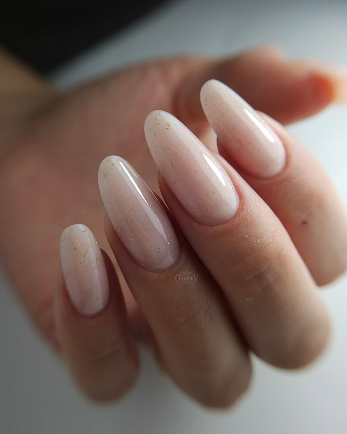 Milky Nude Almond Nails With Gold Flecks