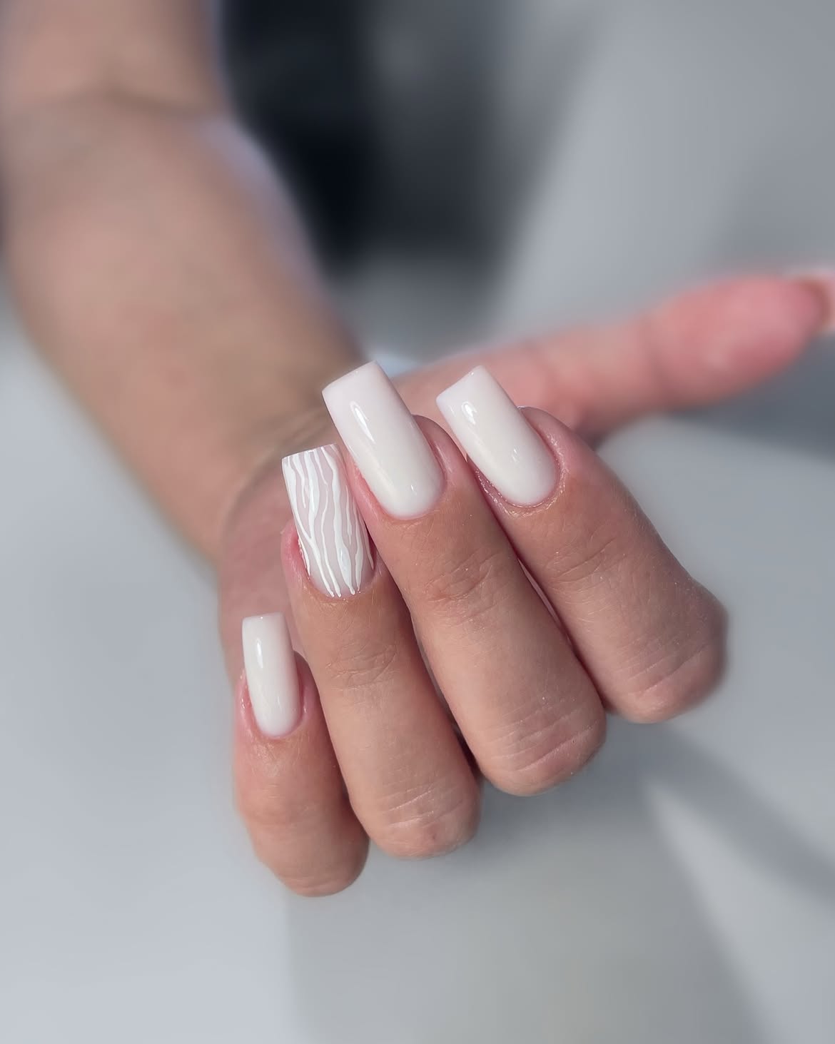 Milky White Square Nails with Abstract Lines
