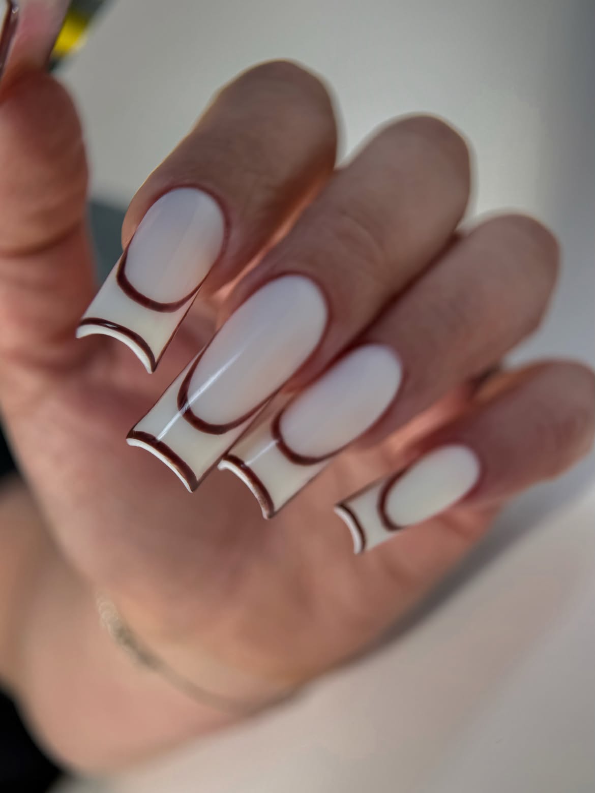 Milky White Square Nails With Double Brown French Tips