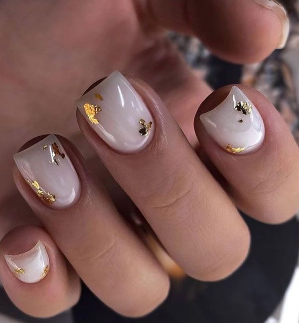 Milky White with Gold Flakes Short Almond