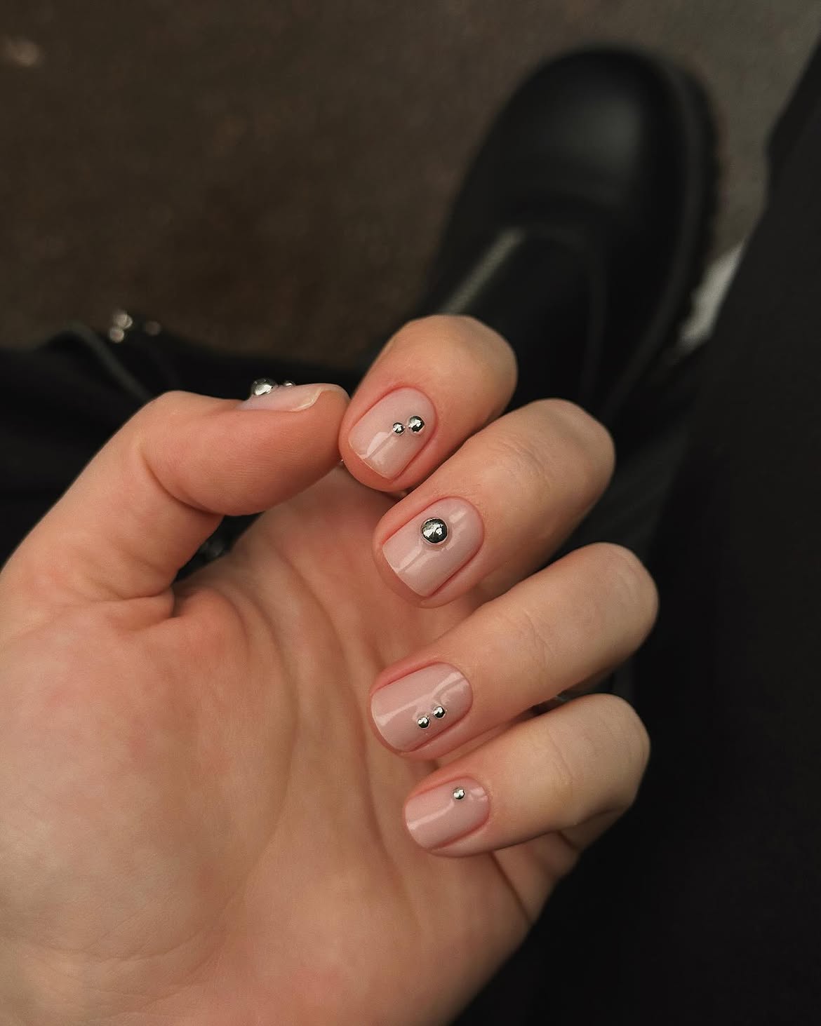 Minimalist Nude Nails with Silver Stud Accents