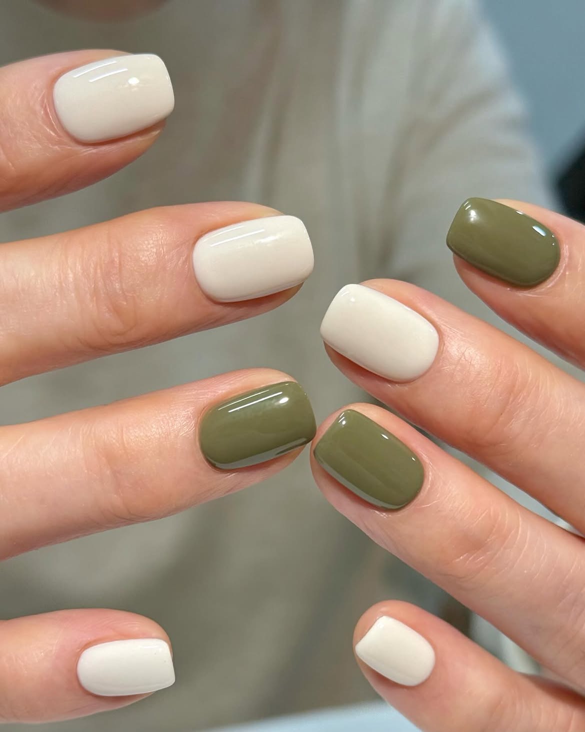 Mismatched Cream and Olive Green Glossy Nails