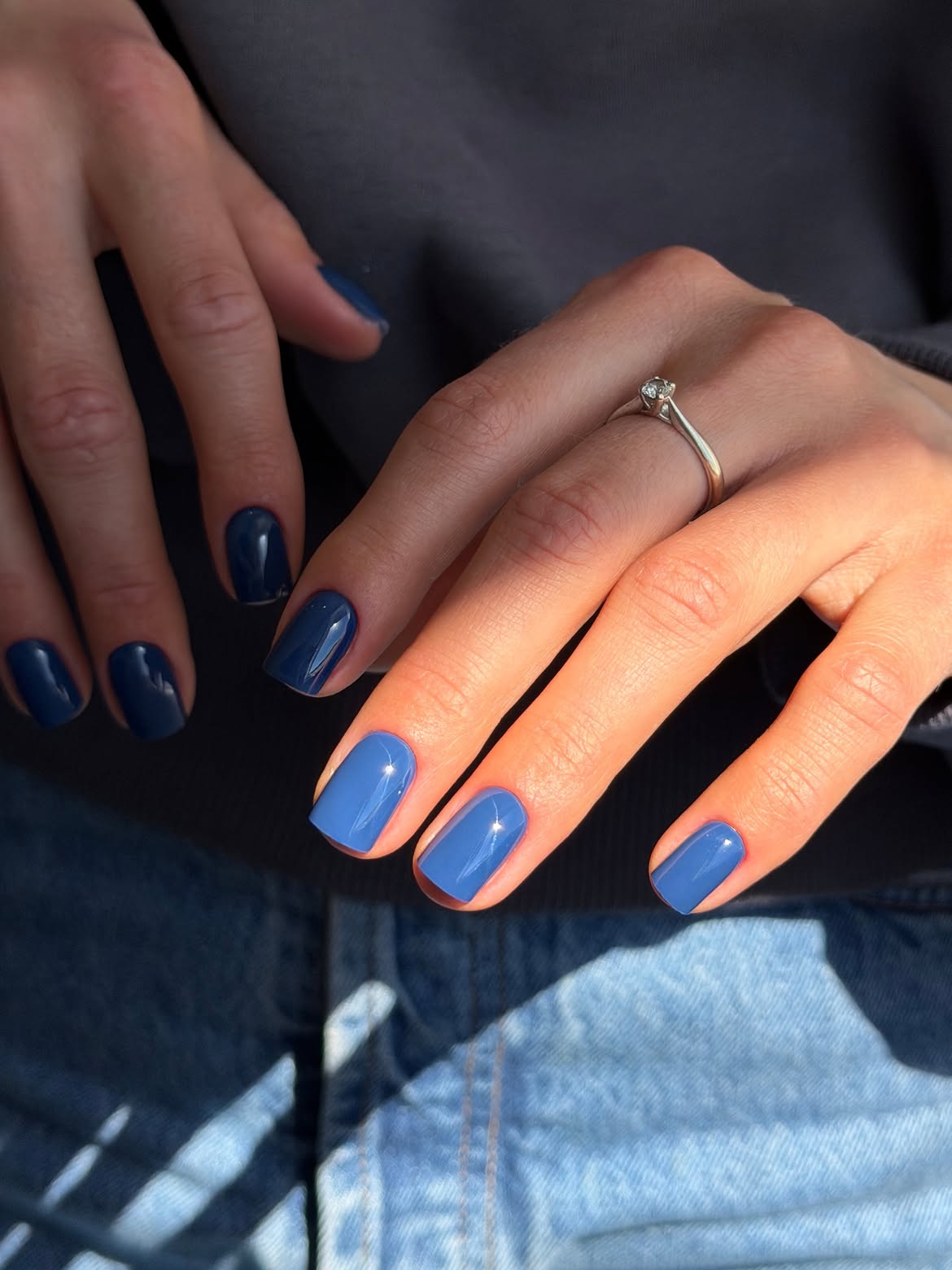 Mismatched Indigo and Sky Blue Glossy Nails