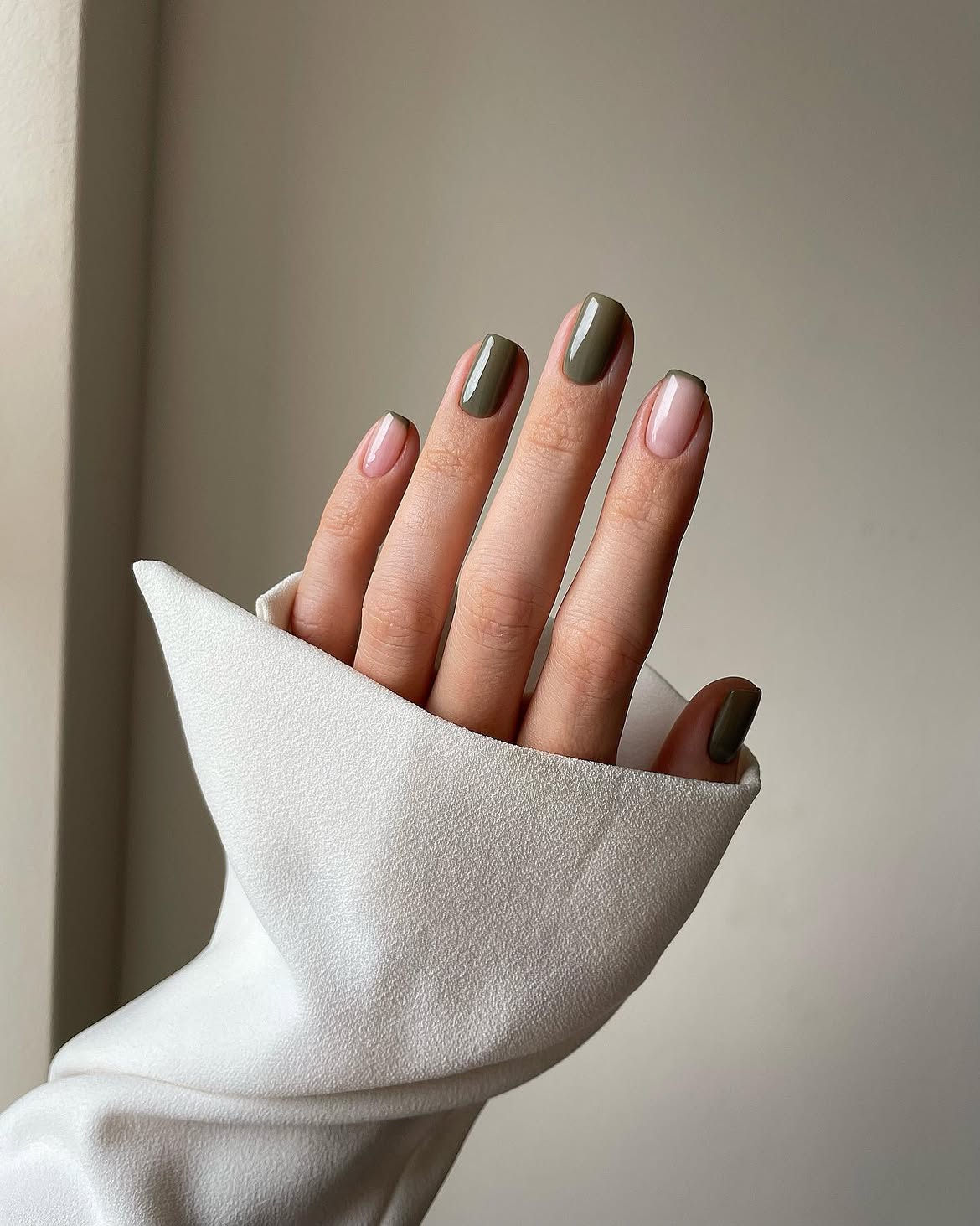 Mismatched Sage Green and Nude Glossy Nails