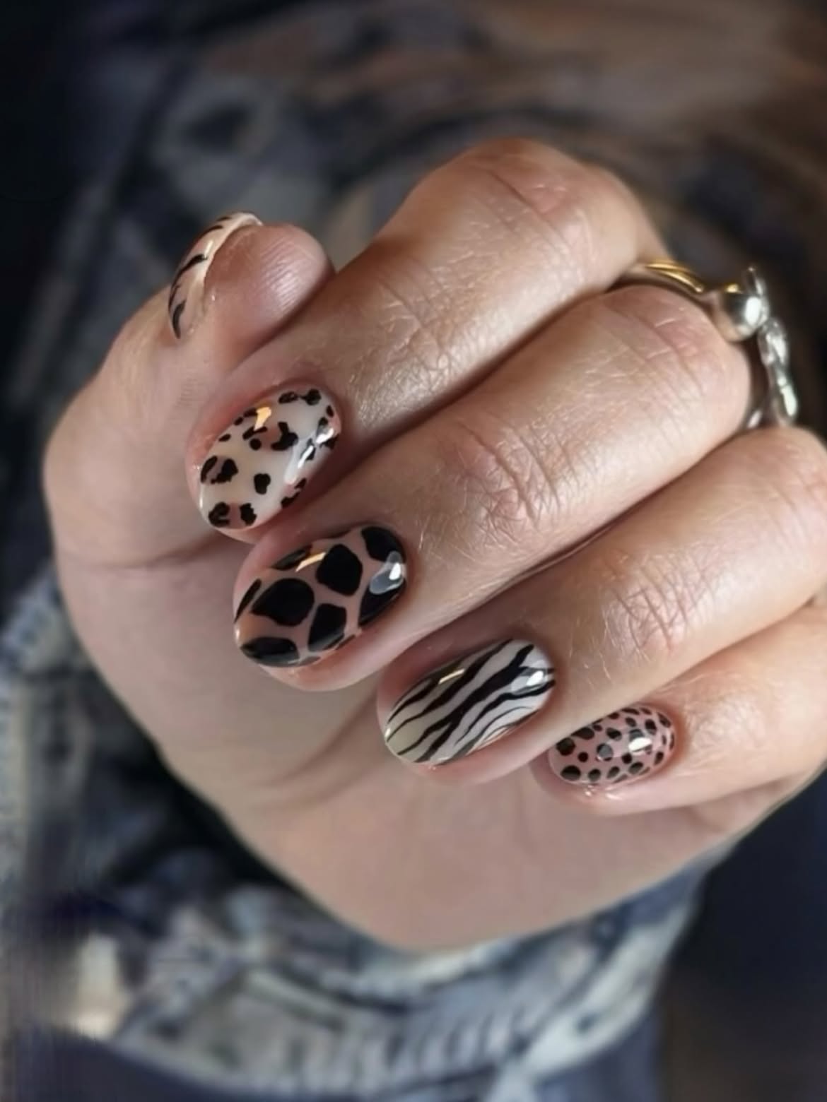 Mixed Animal Print Glossy Oval Nails