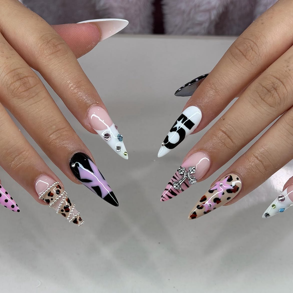 Mixed Media Leopard & Pink Stiletto Nails
