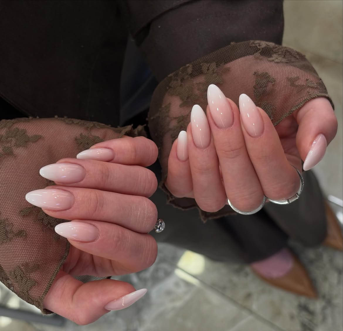 Modern Pink and White Ombre Almond Nails