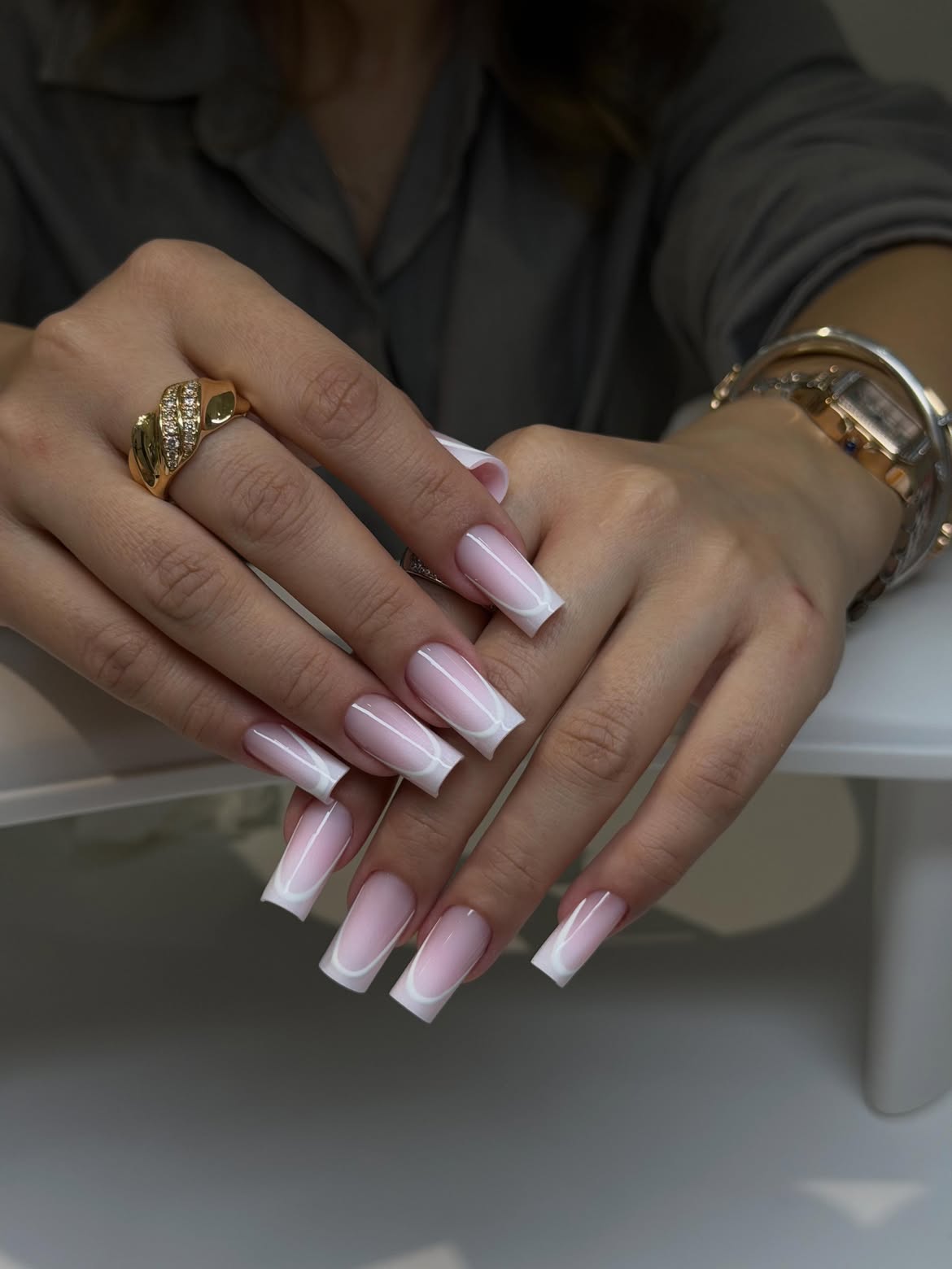 Modern Pink Ombre French Tip Coffin Nails