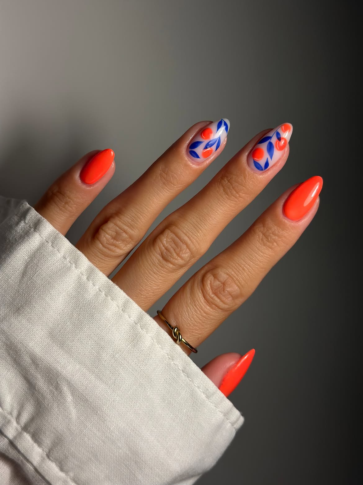 Neon Orange Botanical Almond Nails