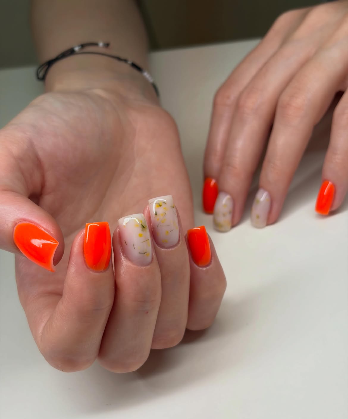 Neon Orange & Pressed Flower Square Nails