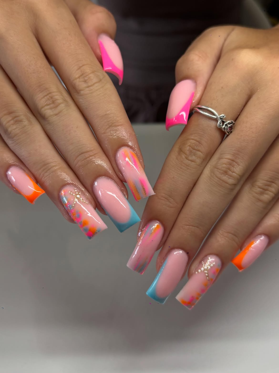Neon Swirl French Tip Square Acrylics