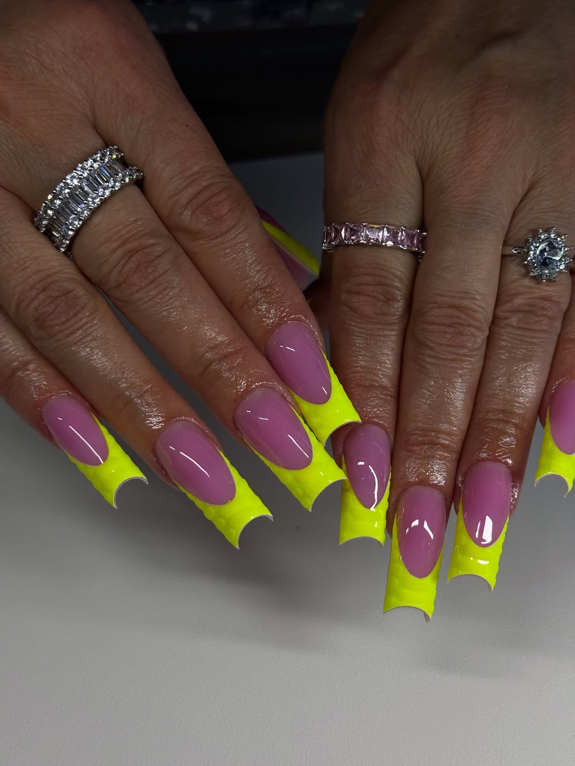 Neon Yellow Snake Print French Tip Square Nails