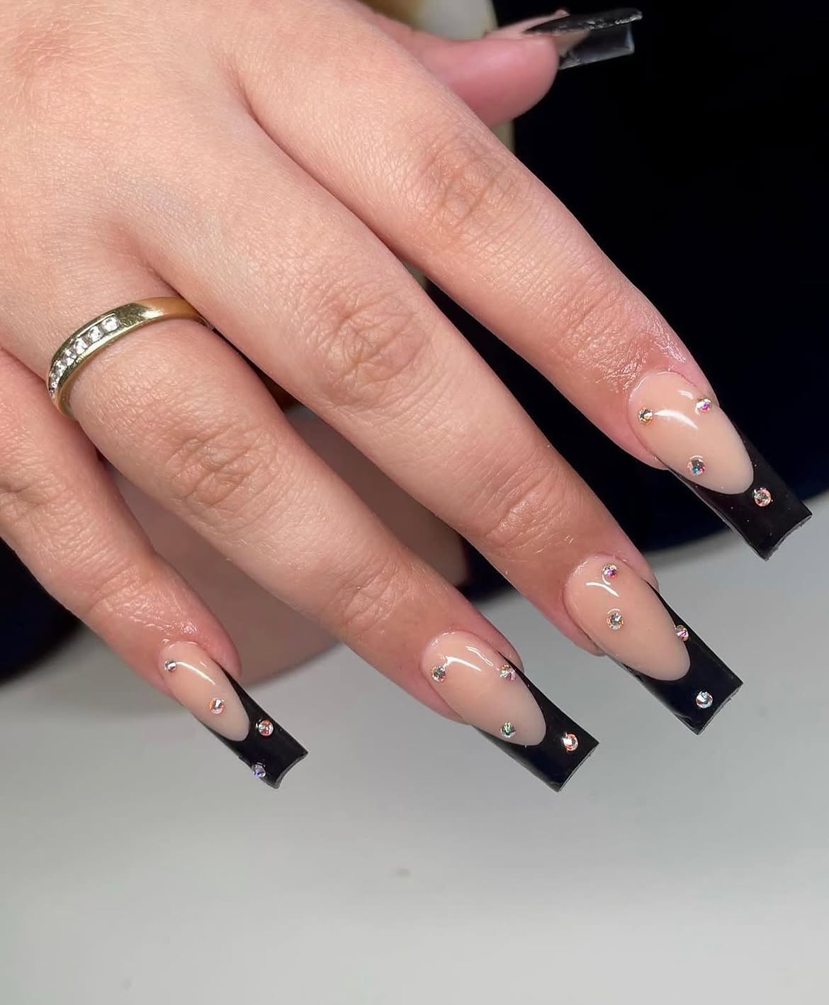 Nude French Black Tip Coffin Nails with Rhinestones