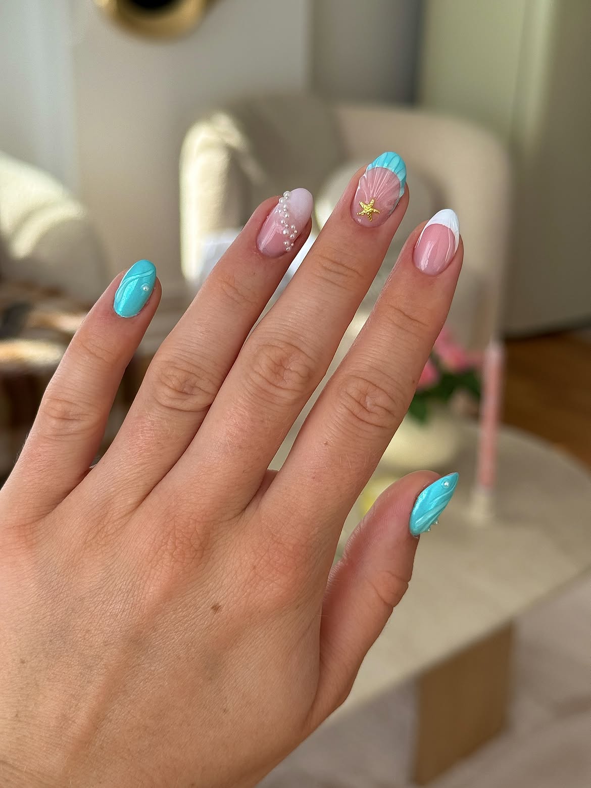 Ocean Shell French Tips with Pearly Accents