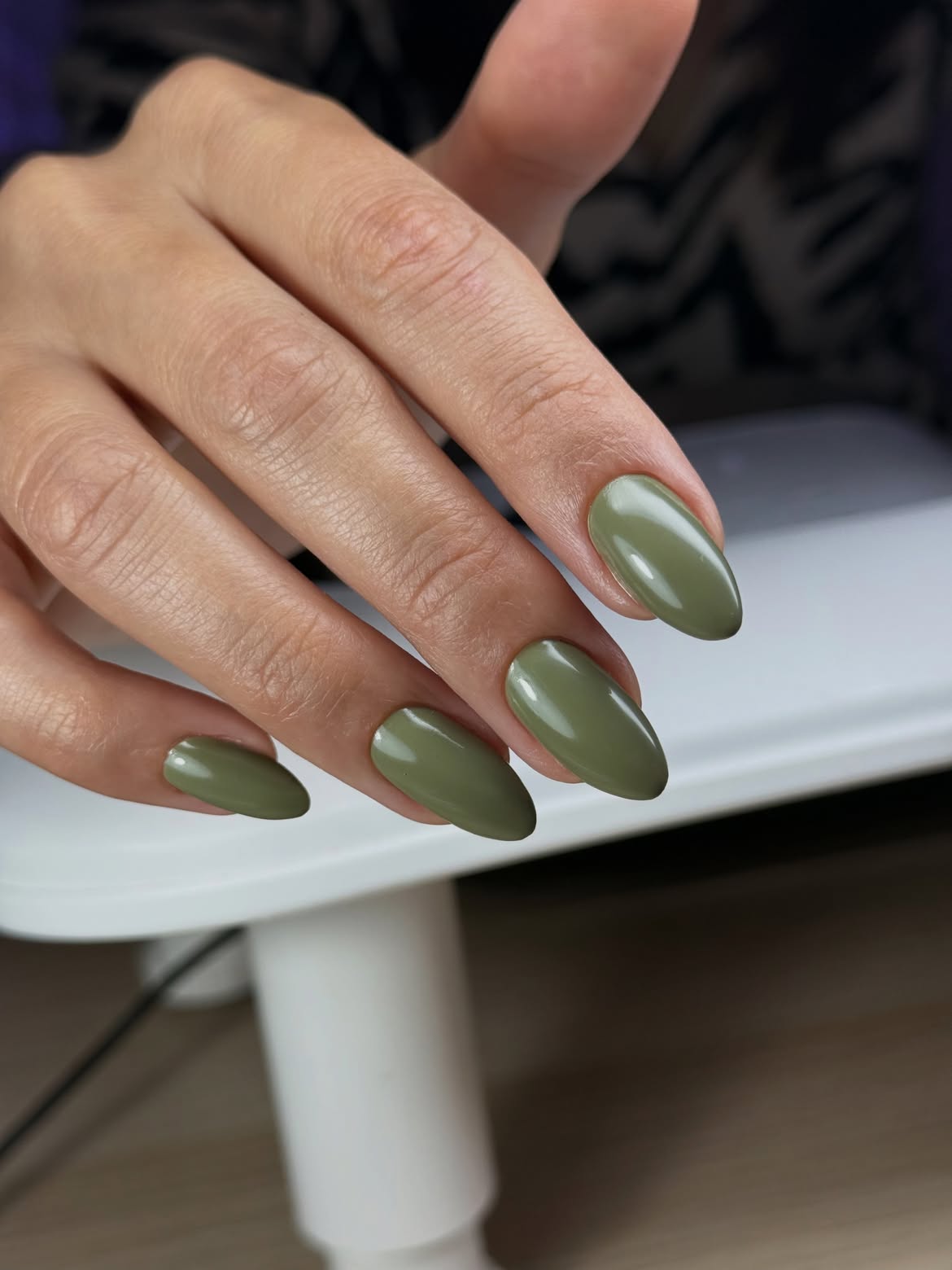 Olive Green Glossy Oval Nails