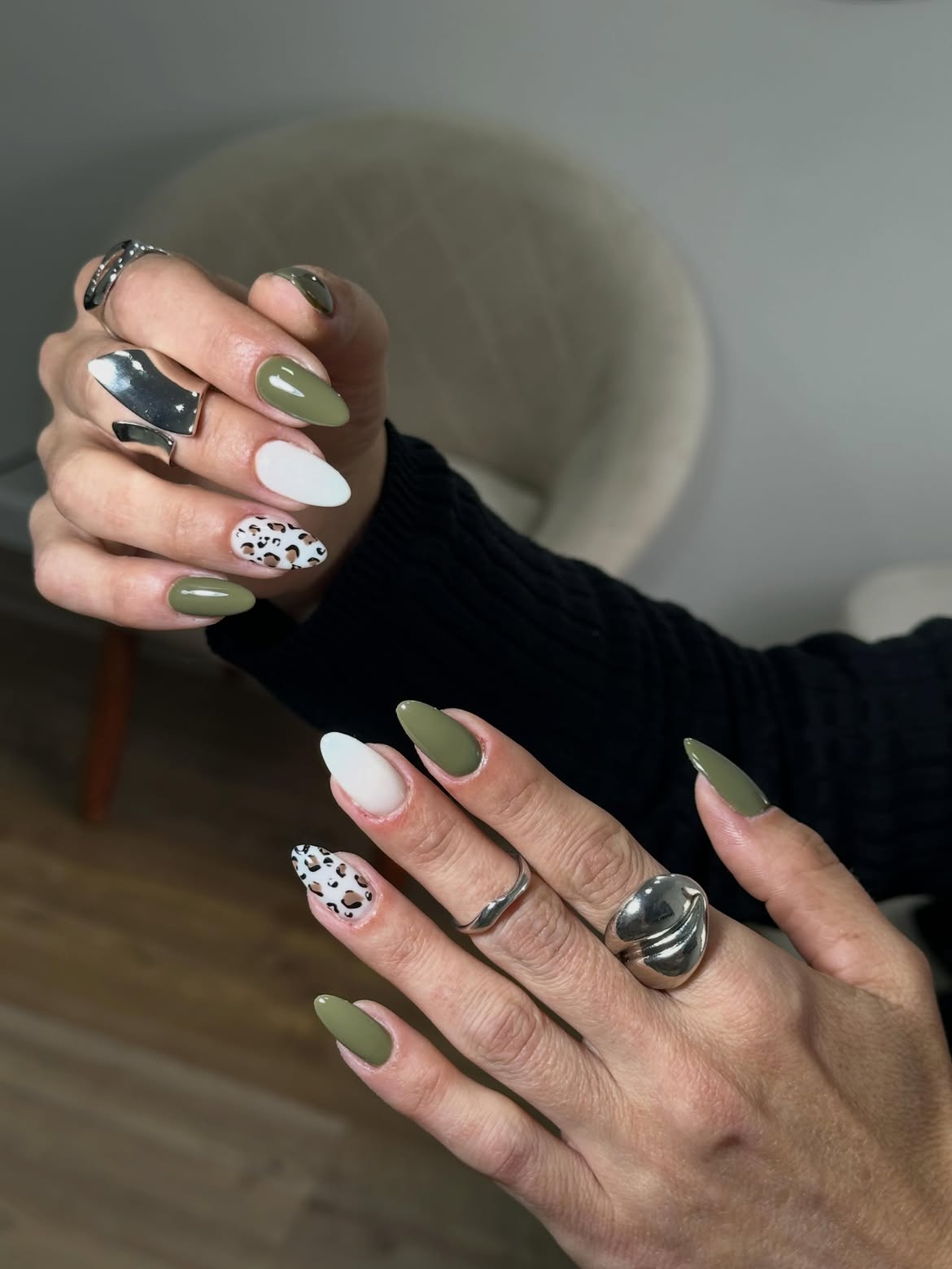 Olive Green Leopard Print Almond Nails