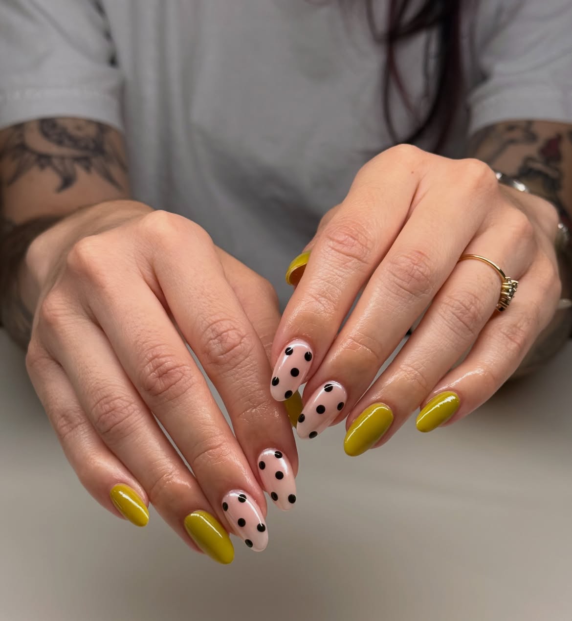 Olive Green & Pastel Polka Dot Almond Nails